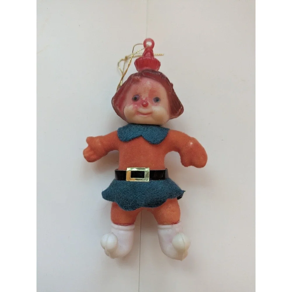 Vintage Flocked Pixie Elf Christmas Tree Ornament Brown Hair‎ Blue Eyes 4